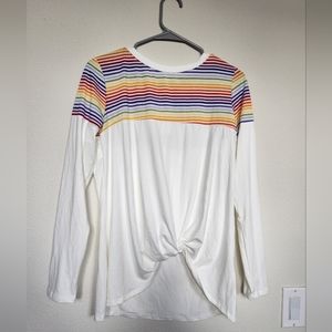 Medium Red Lolly, long sleeve rainbow shirt, knot at bottom